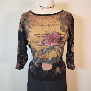 Floral‎ Art Long Sleeve Top Black Botanical Garden Print Artistique Womens